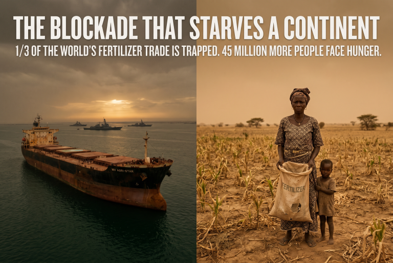 Idle fertilizer cargo ship blockaded in the Strait of Hormuz contrasted with an African farmer in a failed field holding an empty fertilizer sack.