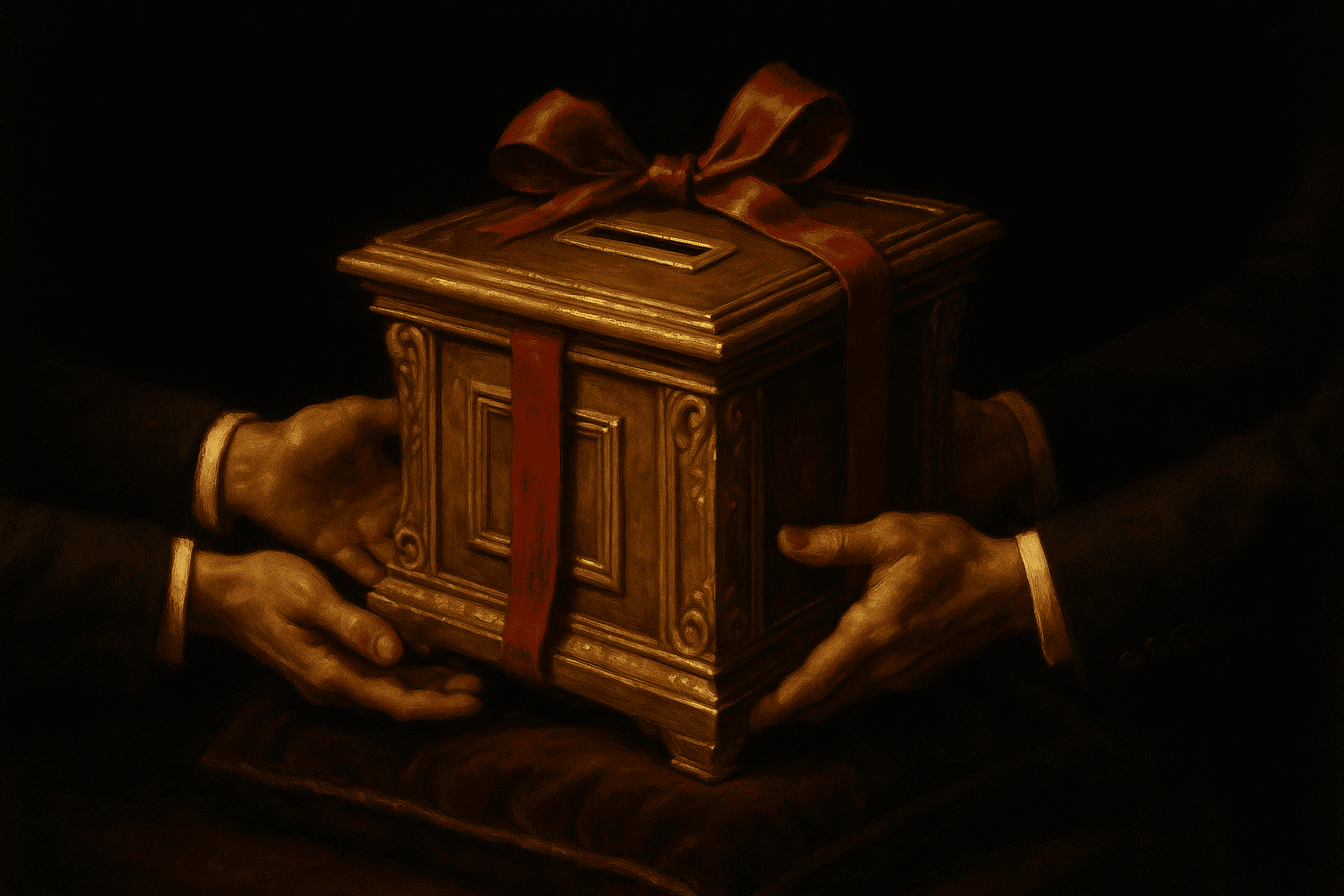 A gilded ballot box tied with a red ribbon, passed between two pairs of suited hands like a family heirloom on a velvet cushion