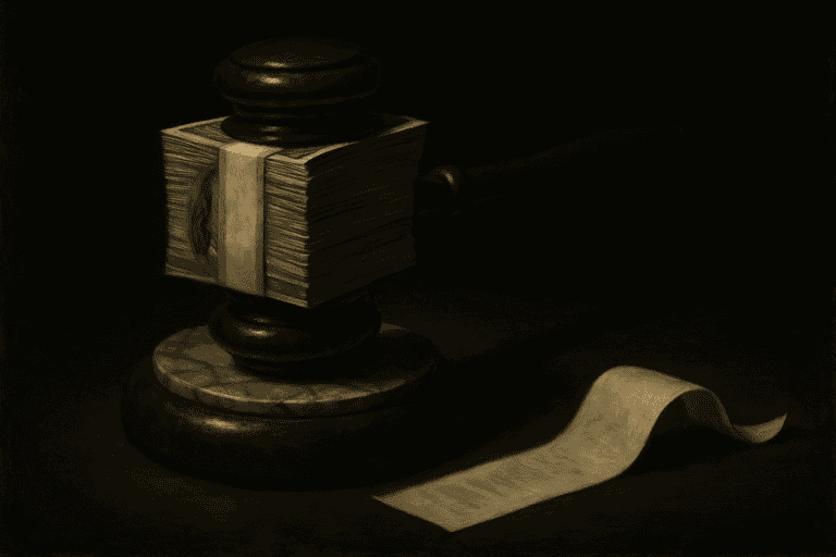 A judges gavel whose head is a wrapped stack of dollar bills, with a paper receipt curling across a dark desk