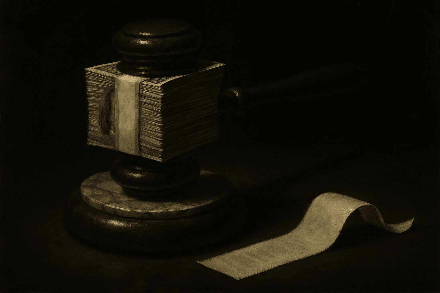 A judges gavel whose head is a wrapped stack of dollar bills, with a paper receipt curling across a dark desk