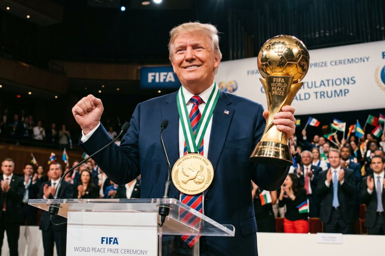 AI-generated illustration of Donald Trump holding a gold FIFA World Peace Prize trophy and medal at an award ceremony