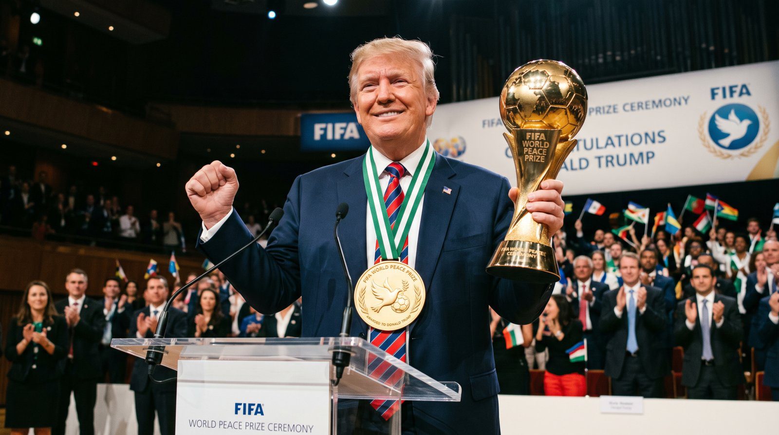AI-generated illustration of Donald Trump holding a gold FIFA World Peace Prize trophy and medal at an award ceremony